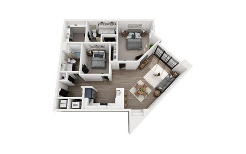 A top-down view of a house layout with a living room, kitchen, dining area, and bedrooms.
